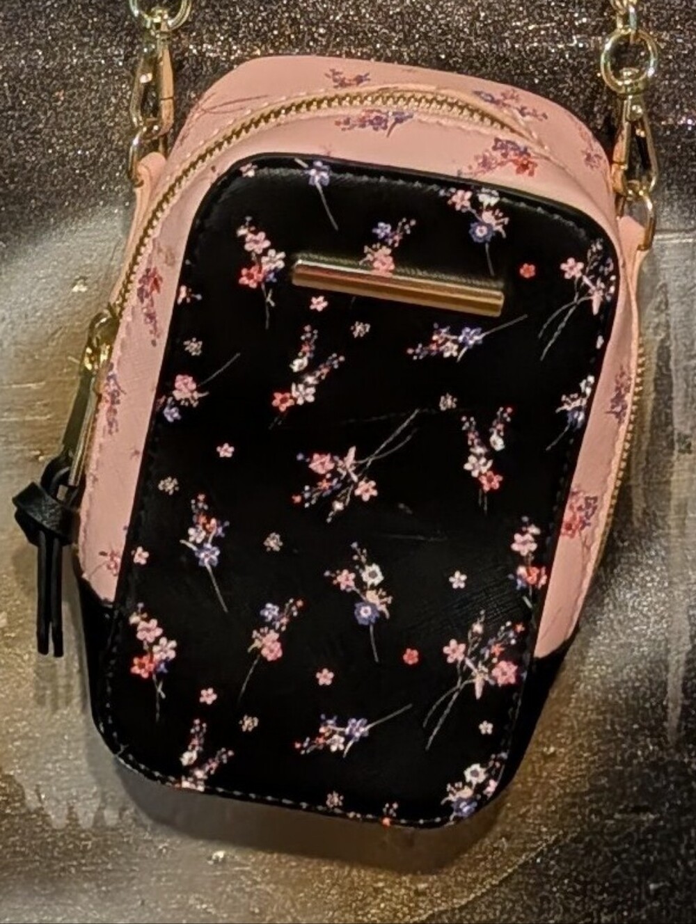 Floral Crossbody Phone Bag - Pink & Black
